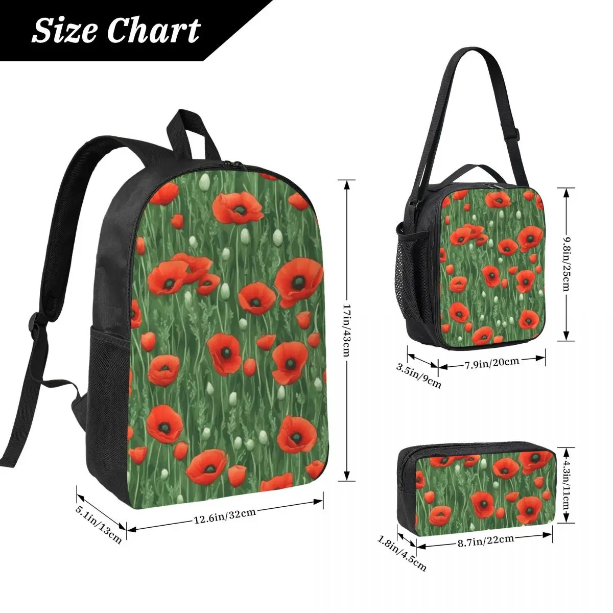 Poppy Flower And Plant Pattern Backpack Student BookBag School Bag Laptop Shoulder Bags 3ps Insulated Lunch Bag Pencil Case