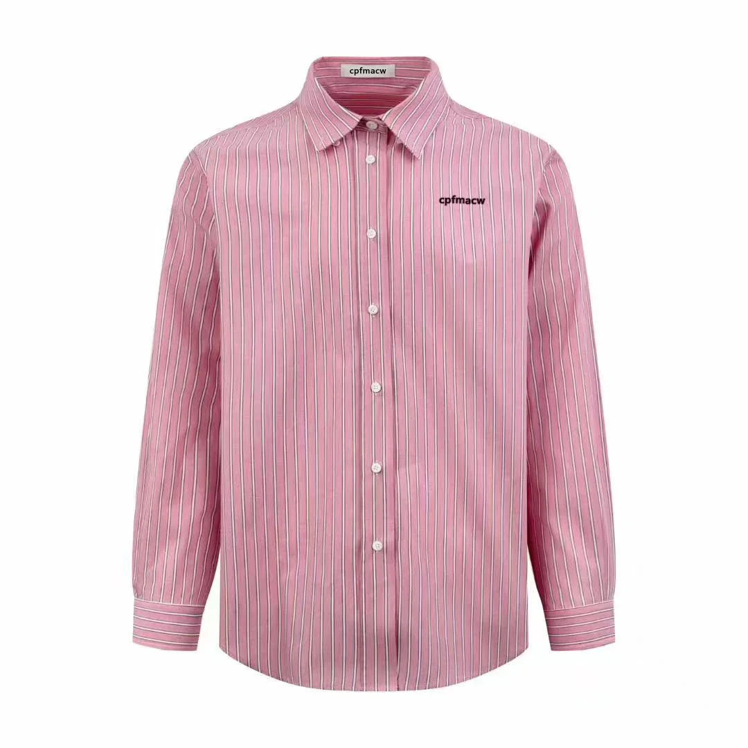 

Trendy Long Sleeve Embroidered Letter Logo Collar Single Button Shirt Striped Contrast Color Casual Cotton Men's Fashion
