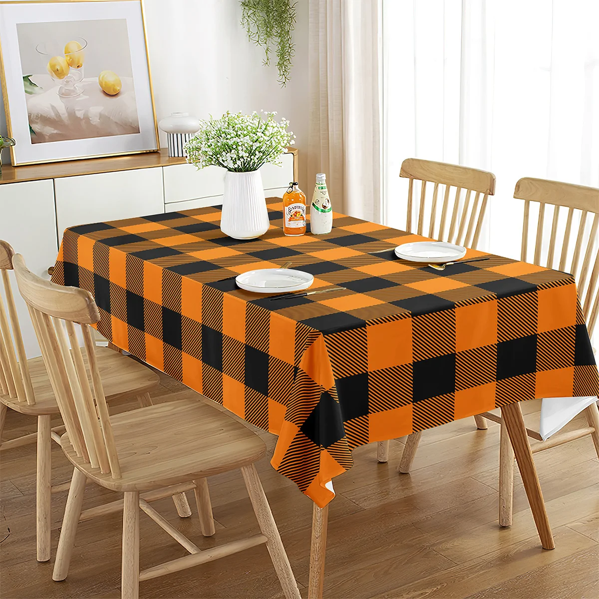 Round or rectangular orange checkered pattern decorative tablecloth for Halloween decoration