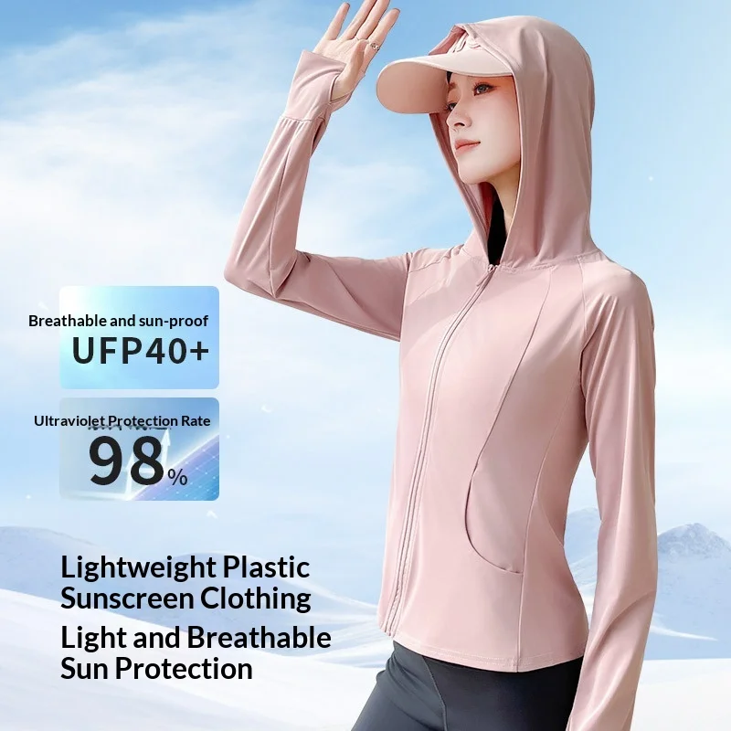 Women Summer Outdoor Ice Silk Sun Protection Jacket UV Protection Lightweight Hooded Coat With Pockets Casual Sports Windbreaker