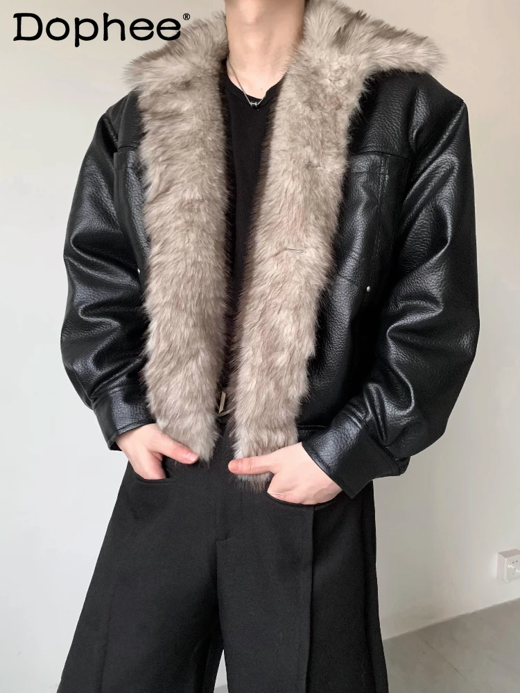 سترات رجالية جديدة لخريف 2025 سترات أنيقة راقية كبيرة بياقة من الفرو الصناعي سترات عصرية للرجال من جلد البولي يوريثان قطع علوية عصرية سميكة #1