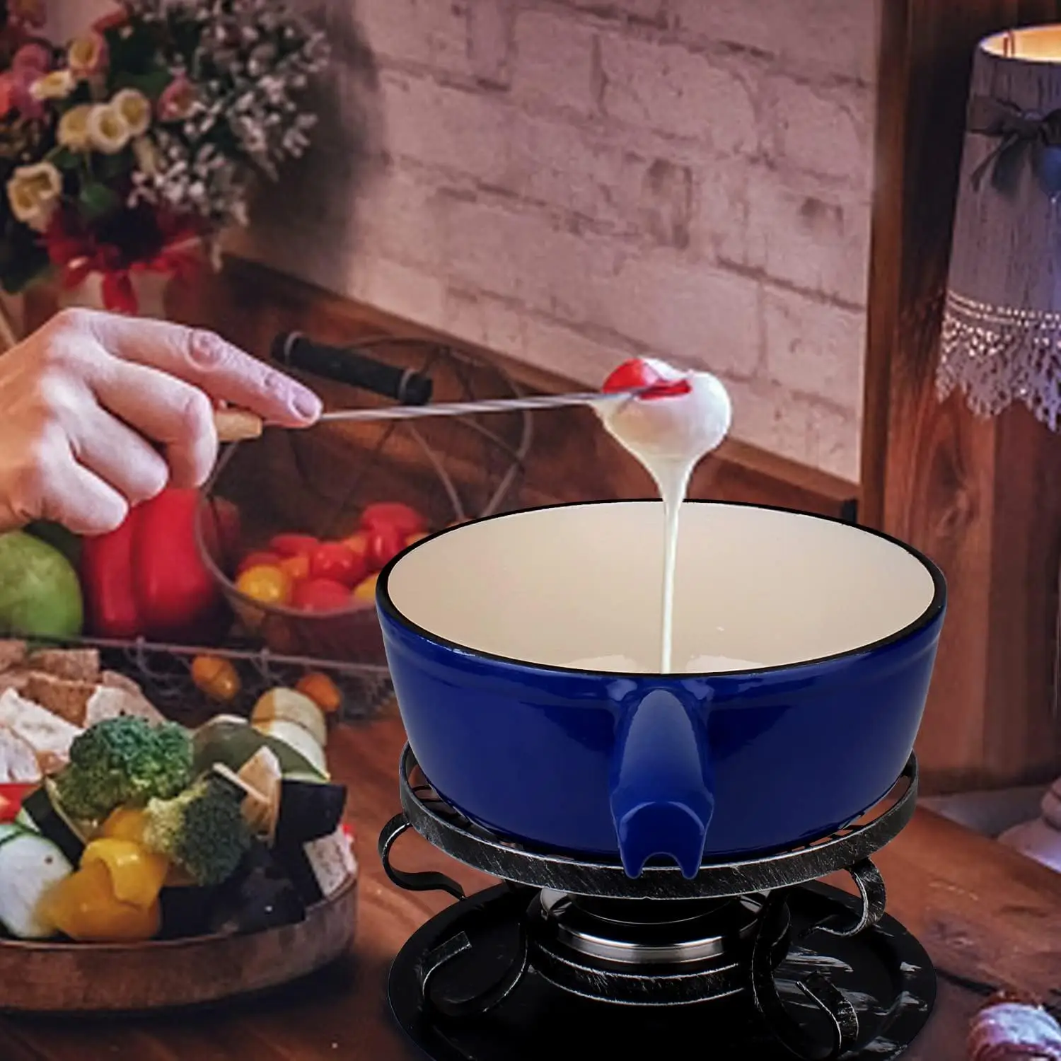 Zwitserse Traditionele Gietijzeren Kaasfondue-Potset, Campimg-Fondue-Set Voor Kaas, Vlees En Chocolade (Blauw)