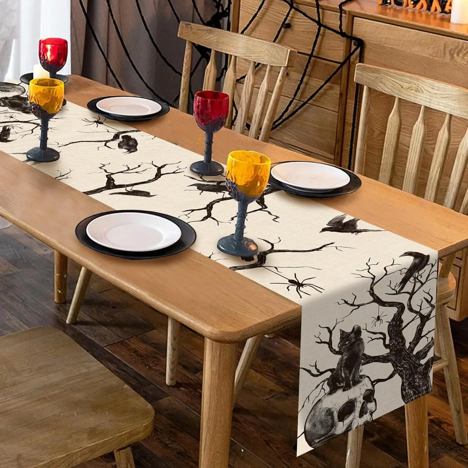Halloween Gothic Skull Black Cat Crows Linen Table Runner Party Decor Reusable Kitchen Dining Table Runner Halloween Decorations