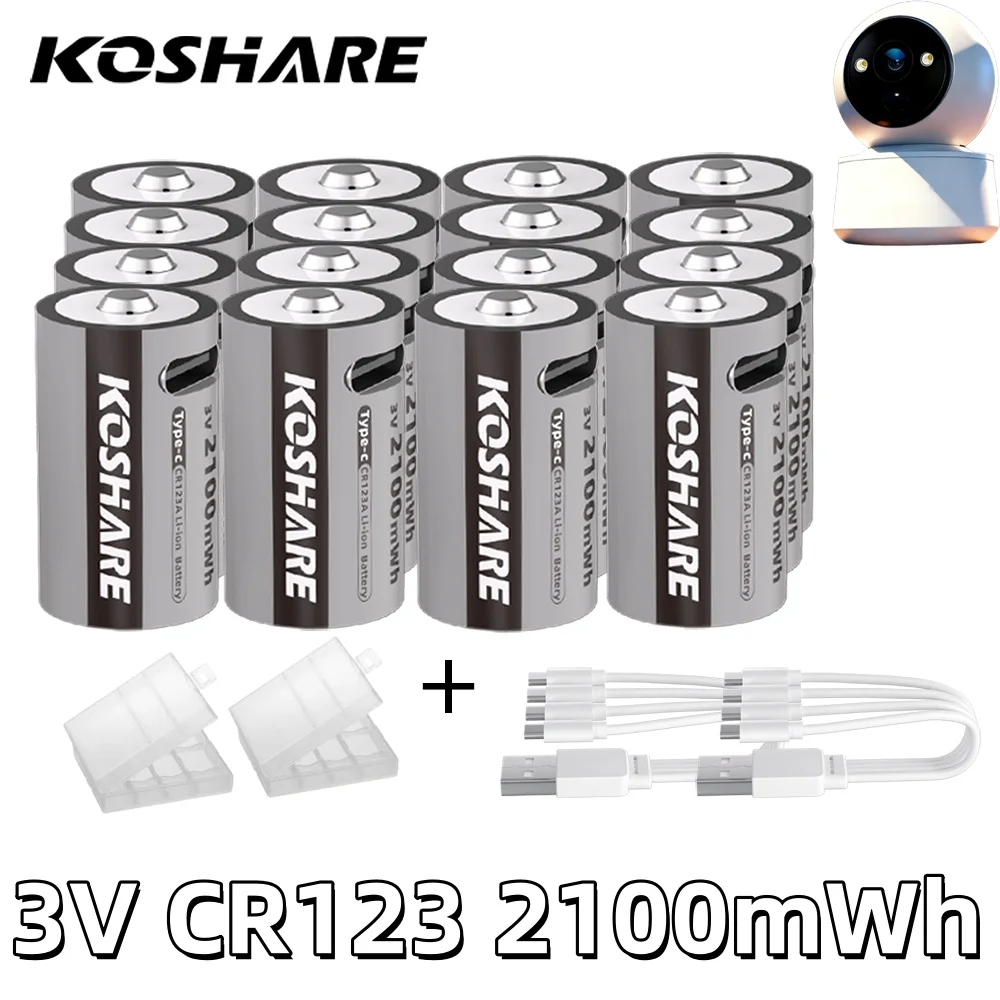 

KOSHARE CR123A 3V 2100mWh Li-ion Rechargeable Batteries CR123A 2100mWh Lithium Battery For mouse Electric Clocks +Type-C Cable