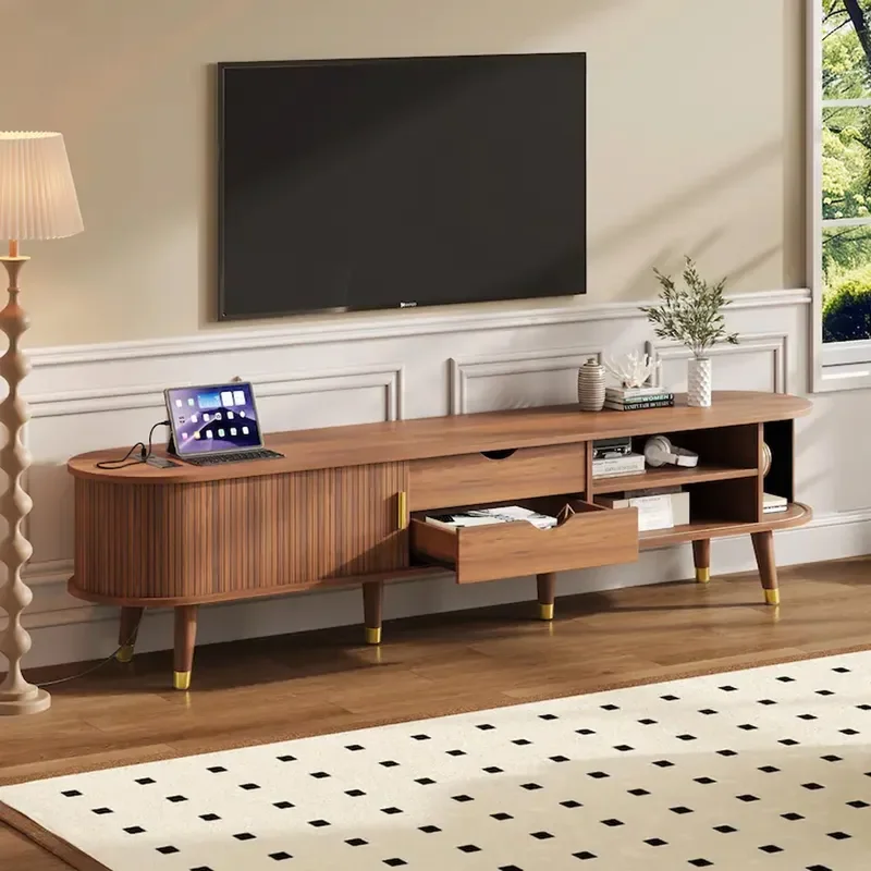 for New Custom Medieval Wood Living Room Multi-function Oval TV Cabinet with Socket and Rolling Shutter Sliding Door