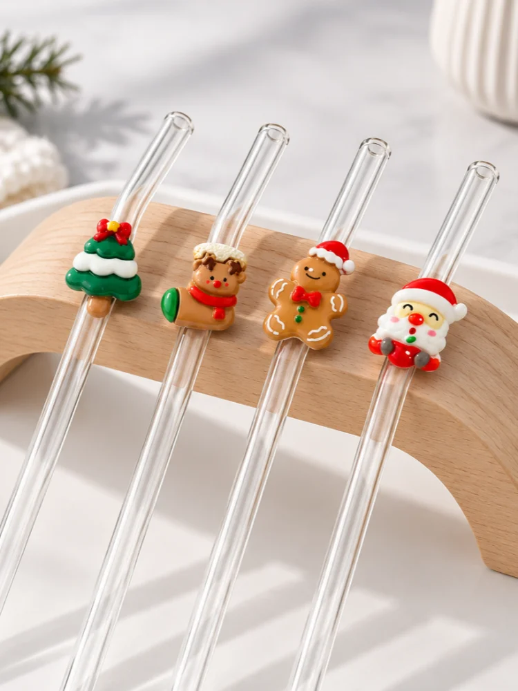 4PCS Bent Clear Glass Straw Reusable Christmas Tree Reindeer Gingerbread Santa Decor for Party Beverage Holiday Gift