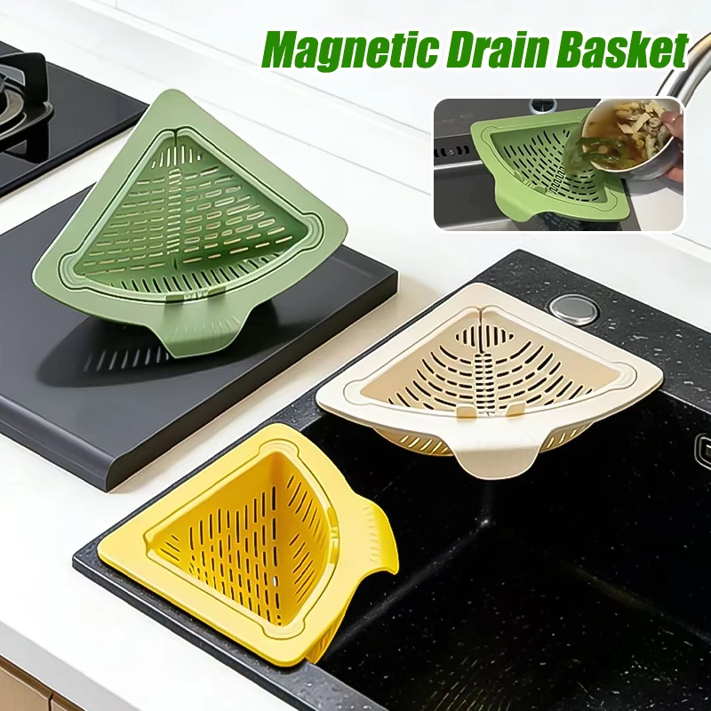 

Magnetic Drain Basket For Sink Triangular Draining Basket Magnetic Corner Sink Strainer with Twist-Open Bottom Filter Rack