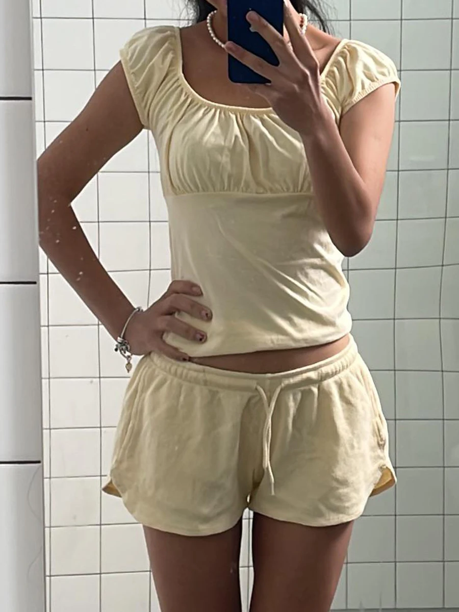 

Solid Home Simple Casual 2 Piece Set Women Scoop Neck Puff Sleeve Slim T-shirts Summer Drawstring Split Sport Waffle Shorts Sets