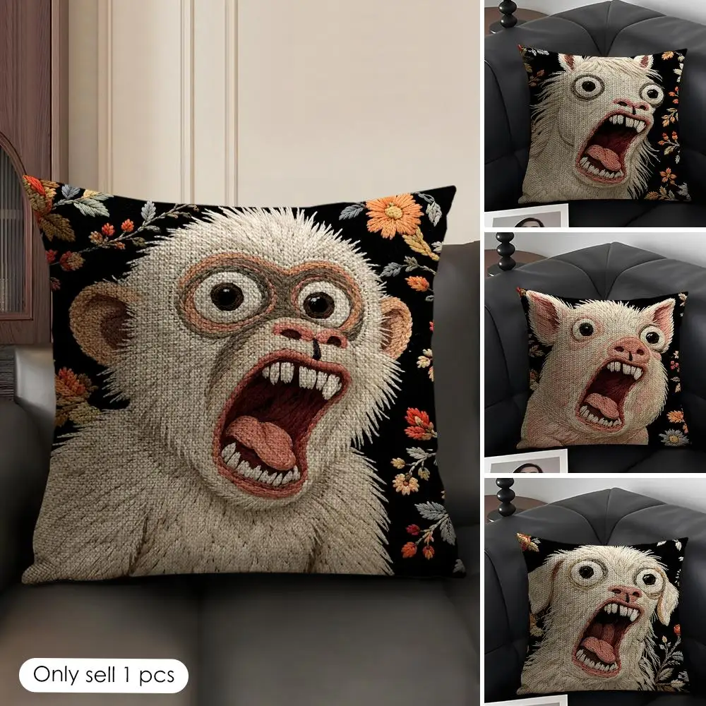 2D Beasts Roar With Wild Blooms Cushion Cover Linen Organic Fabric Double-Sided Printing Sofa Breathable Home Decor Pillow Case