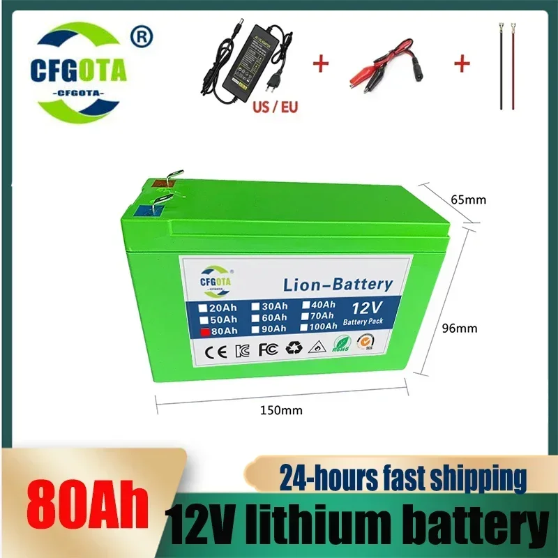 

NEW 12V Battery 80Ah Built-In High Current 80A BMS 18650 Lithium Battery Pack For Electric Vehicle Battery 12.6V Charger