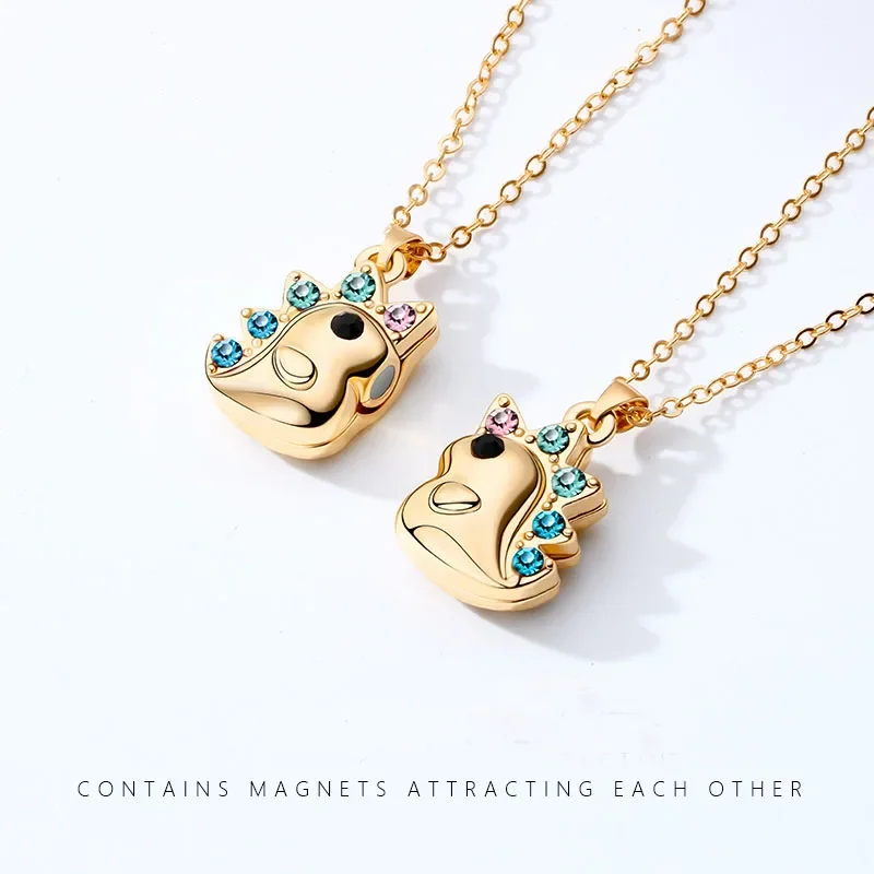 Valentine's Day Confession gold plated necklace 2pcs unicorn blue rhinestone magnetic Pendant couple Necklace cross necklace