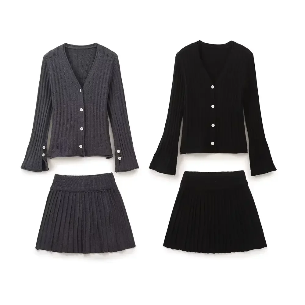 Women's 2-piece Suit 2024 New Fashion Cuff Slit Knit Cardigan Sweater Retro Long-sleeved Blouse+pleated Skirt Women's Suit