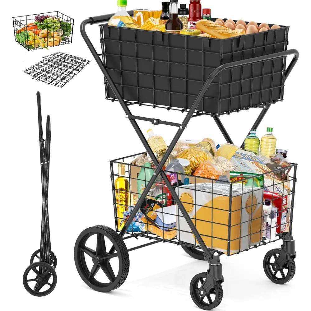 

[2025] 2-Tier Extra Large Shopping Cart for Groceries, 400Lbs Grocery Cart with 2 Removable Storage Baskets, 360° Rolling Swivel