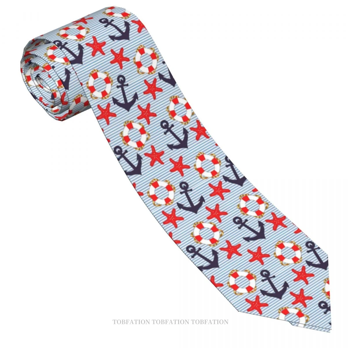 Red White And Blue Boating Icons Nautical Anchor Classic Men's Printed Polyester 8cm Width Necktie Cosplay Party Accessory