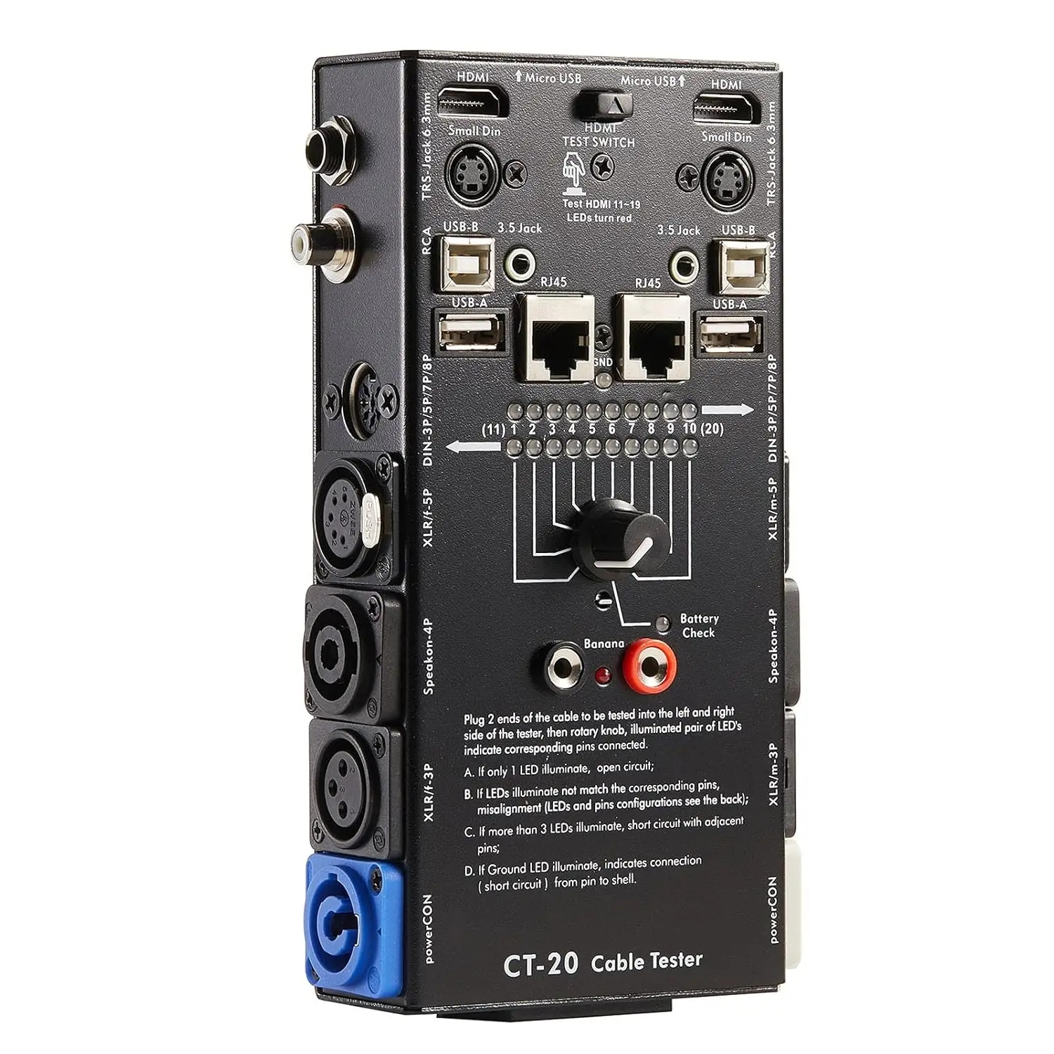 

15-in-1 Audio Cable Tester with LED Indicators, 10-Way Switch for Quick Wire Testing and Repair