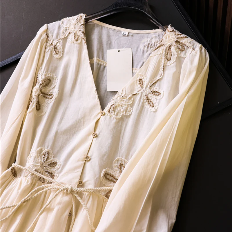 Flower Embroidery V-neck Short Dress Women Autumn Prairie Chic Long Sleeve Lace-up Loose Mini Dresses Female Elegant Party Dress