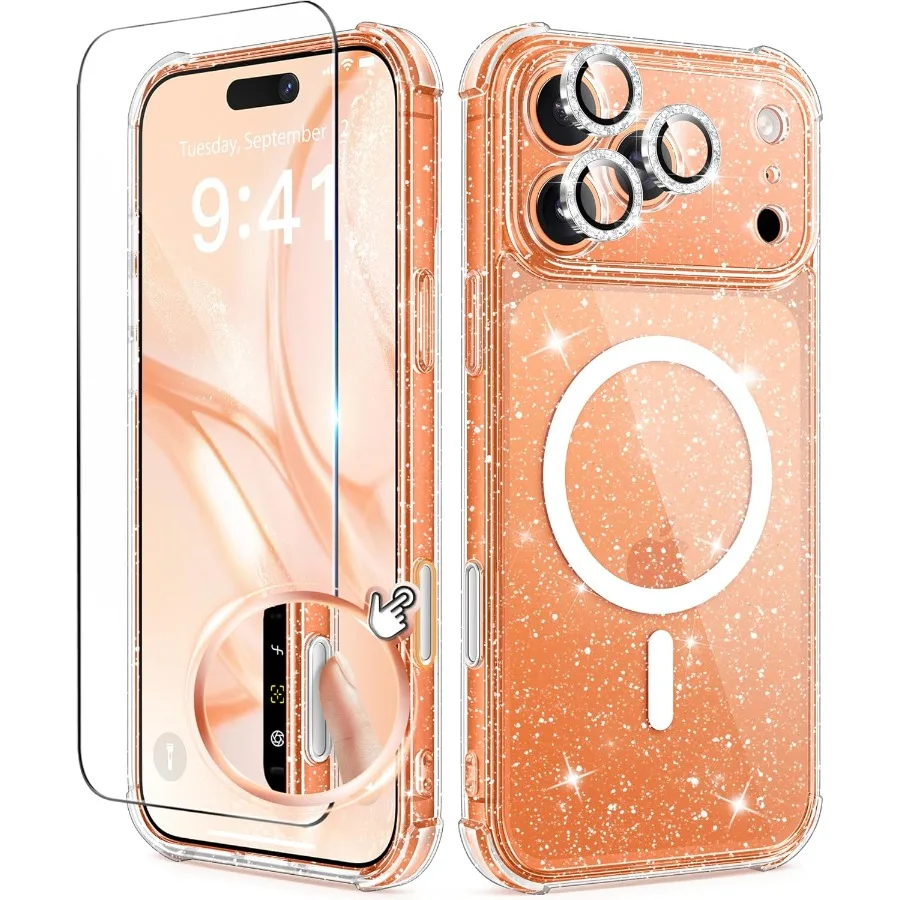 Étui de protection transparent scintillant pour iPhone 17 Pro pour femme, compatible avec MagSafe, conception antichoc avec technologie anti-jaunissement