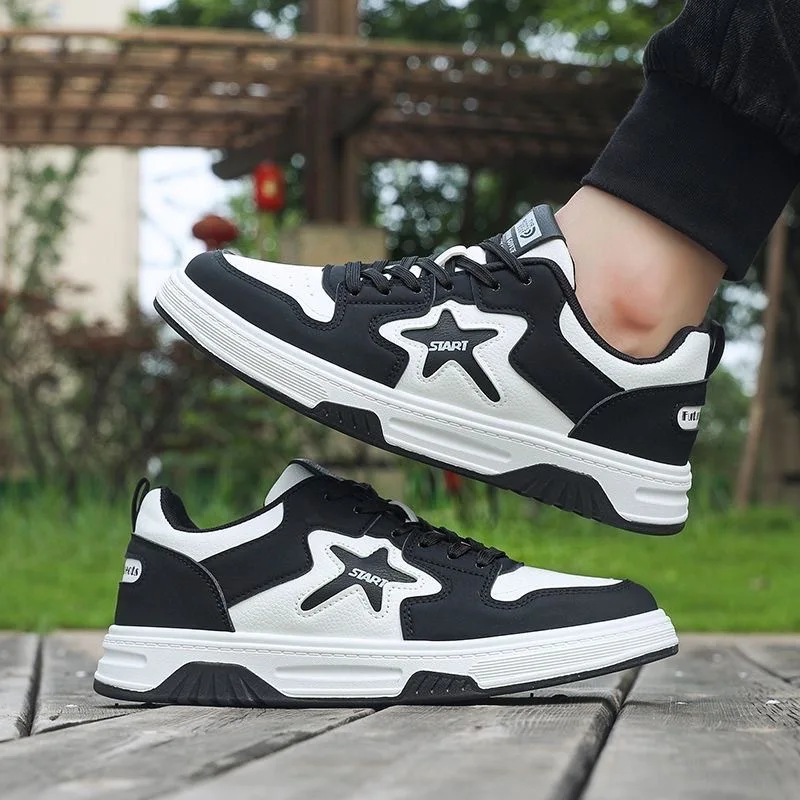 

Trendy Leather Surface Men's Casual Sports Shoes Spring Soft Bottom Flat Laced Breathable round Toe Outdoor Leisure Footwear