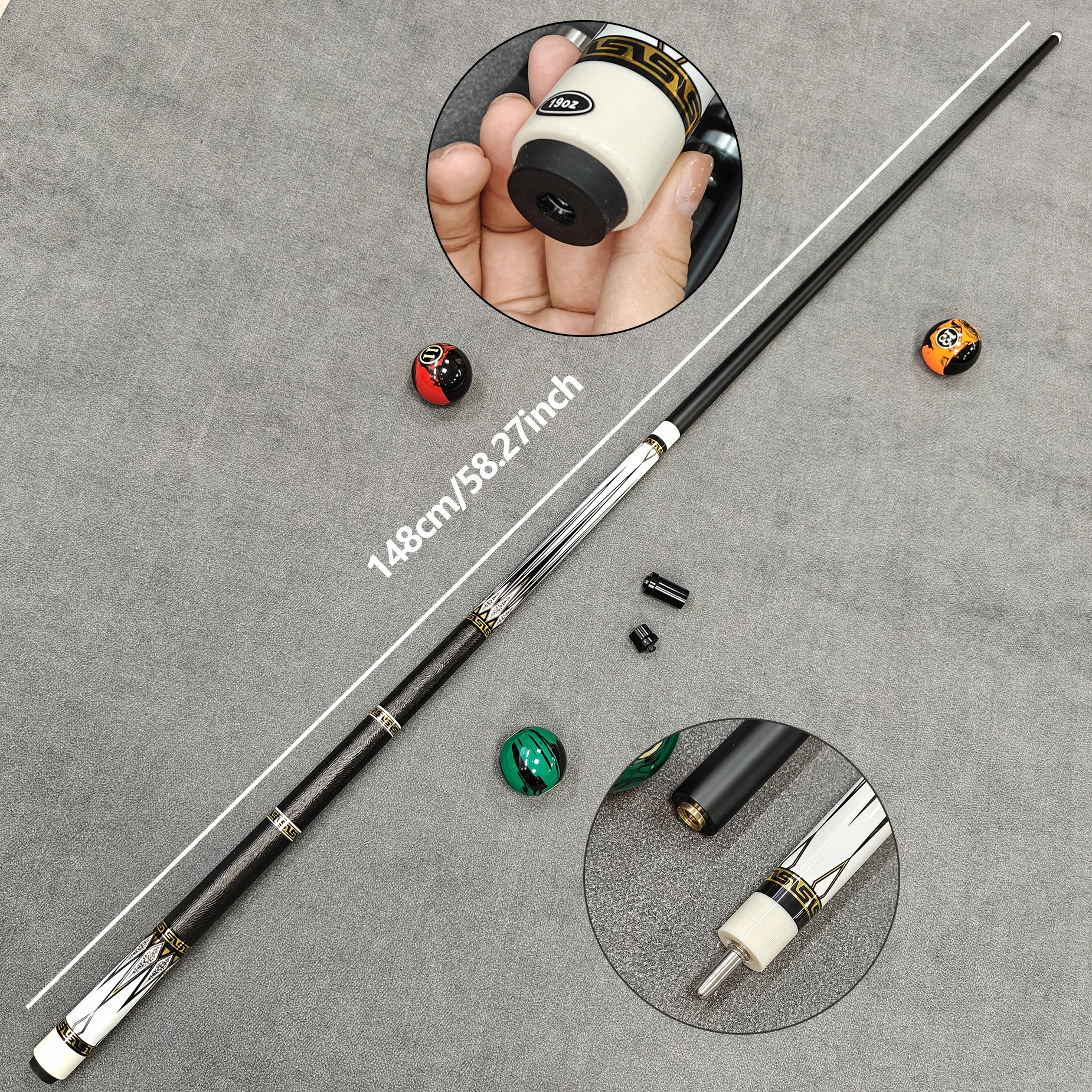 High‑Tech Pool Cue,12.5mm Tip,Extension‑Ready Butt Cap,White‑Gold Inlay Butt,3‑Section Grip,Stone‑Grain Case with Gifts