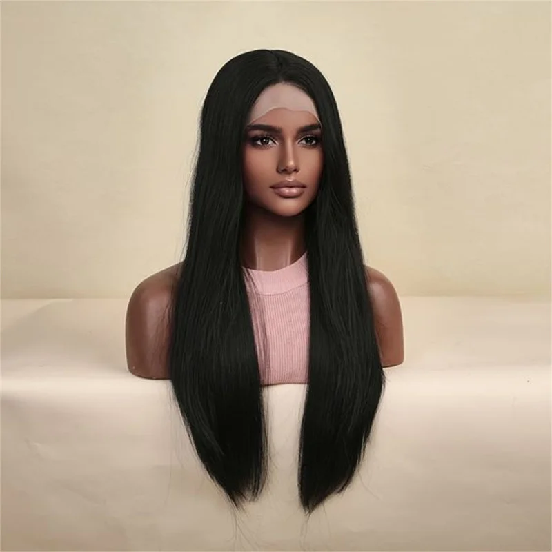 Soft Natural Black 26Inch Kinky Straight Lace Front Wig With Mached All Skins With Baby Hair Synthetic Preplucked Glueless Daily