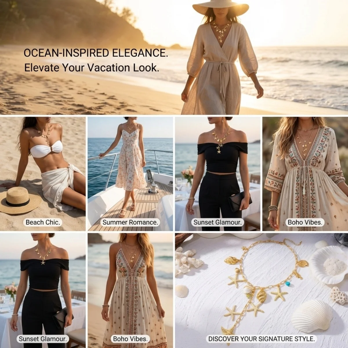 Boho Sommer Strand Metall Seestern Muschel Seepferdchen Anhänger Y-förmige Halskette für Damen und Herren, Seestern Urlaubs-Choker Schmuck – Detail 3