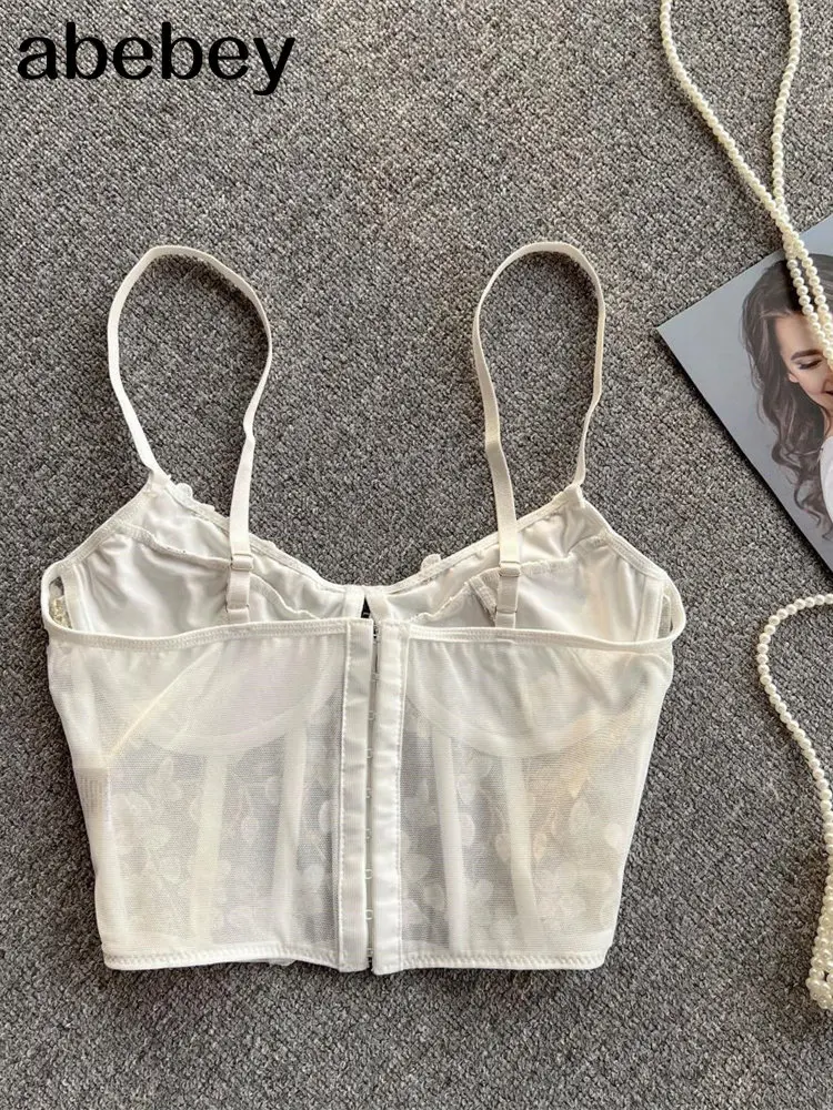 Women Sexy Lace Sheer Corset With Straps Sleeveless Camis Hook