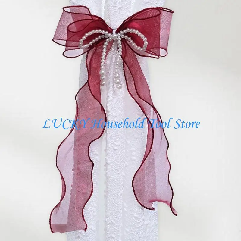 

J0MC Decorative Bows Curtain Tiebacks Artificial Pearls for Drape Room Styling