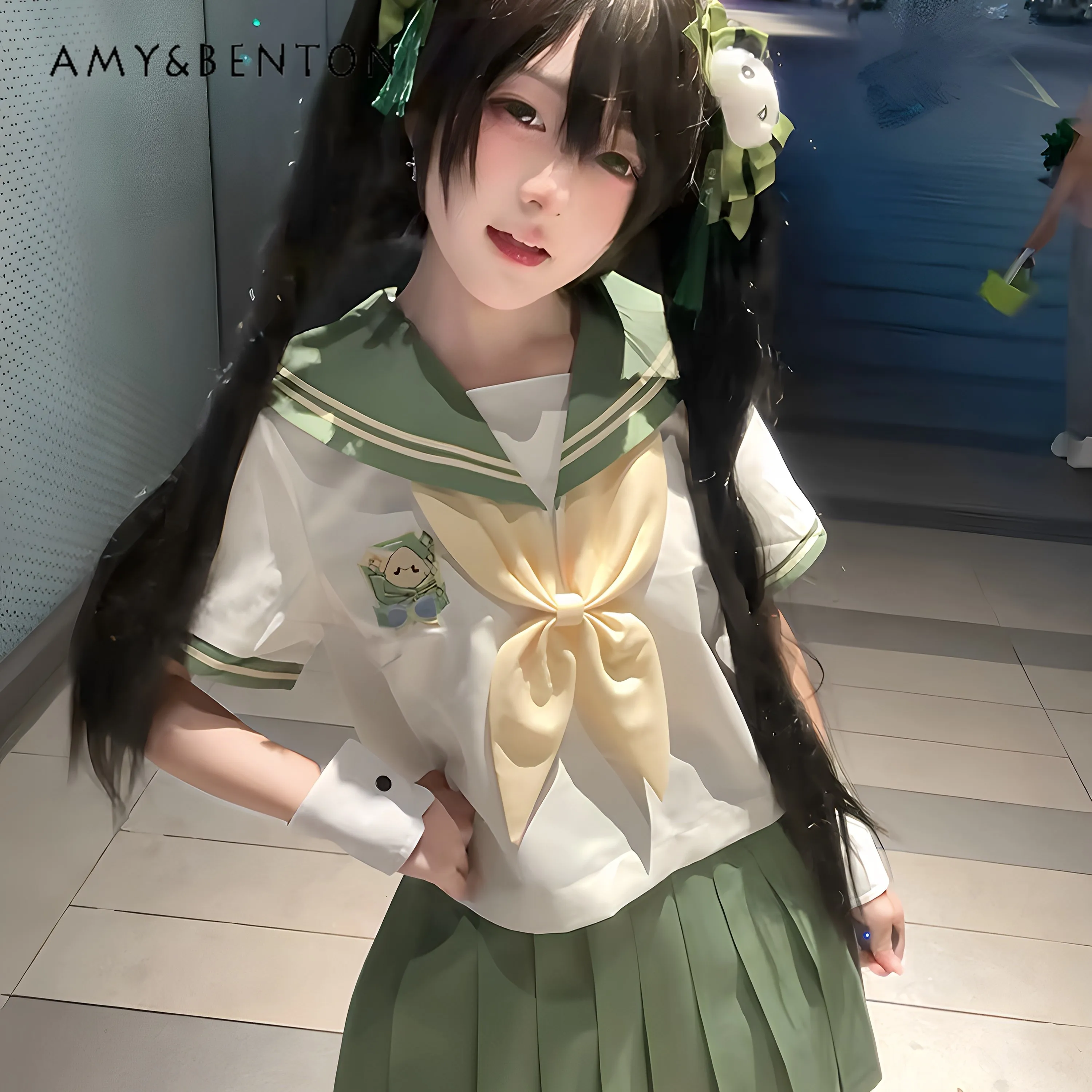 

2026 New Summer Japanese Academy Style Jk Uniform Sailor Suit Short Sleeve Embroidery Top Green Pleated Skirt Outfit for Women