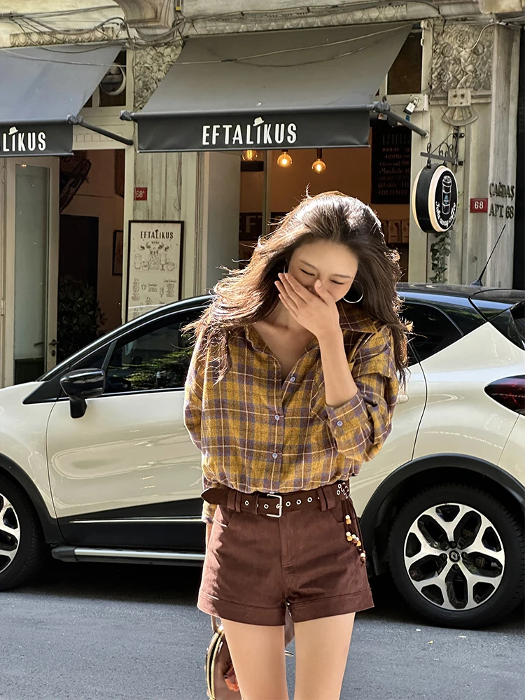 

Женская теплая рубашка ZQ Warm Sun Trace из чистого хлопка высокой плотности с длинным рукавом, осенняя новинка, свободный крой, стильный дизайн, клетчатый узор, повседневный стиль