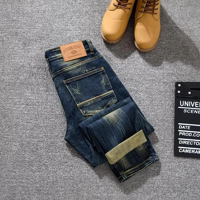 

Fashionable new men's elastic slim fit retro blue jeans, scratch washed retro designer denim lead embroidery pen pants, hombre