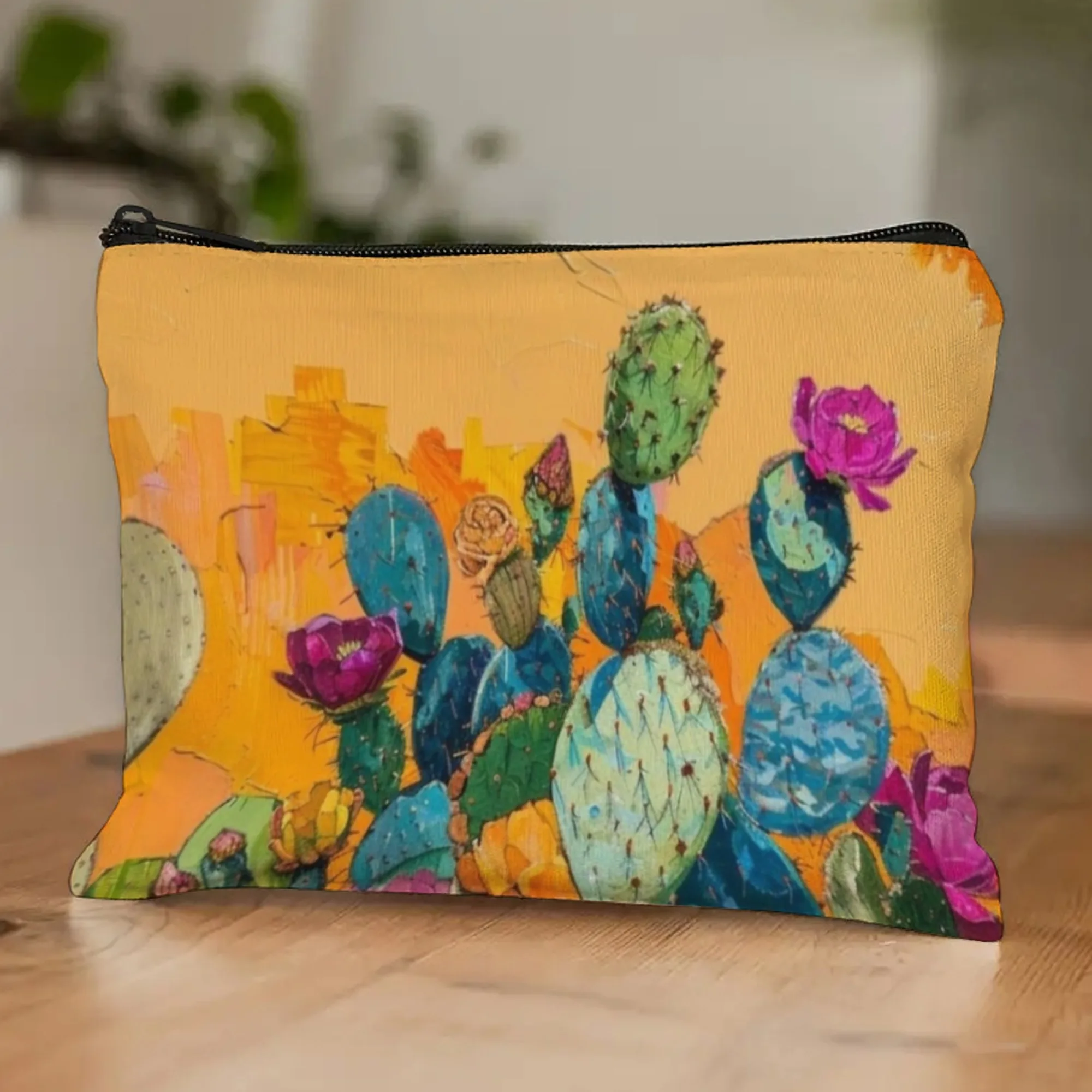 Colorful Illustration Cosmetic Bag with Vivid Cactus Image Vibrant for Plant Lovers & Daily Makeup Organization Ideal Travel Use
