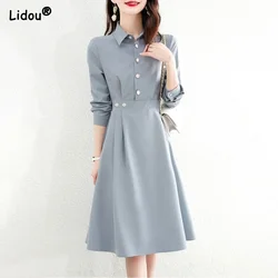 Simple Grace Popularity Wild Women's Clothing Mid-calf Dresses Office Lady Solid Empirepullover Long Sleeve Spring Autumn Button