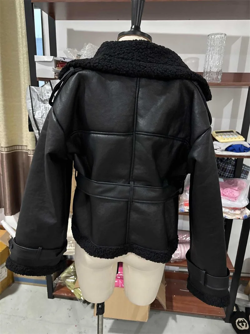 Chaqueta negra de piel de cuero PU para mujer, abrigo corto o largo con cinturón, traje Formal informal cálido para boda y cumpleaños, otoño e invierno
