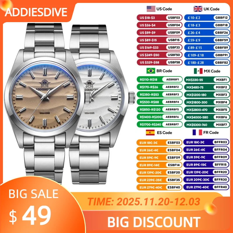 ADDIESDIVE ساعة كوارتز غوص من الفولاذ للرجال ، مرآة فقاعية ، غطاء وعاء ، ساعة يد رياضية زجاجية ، بسيطة ، 10 بار ، 36 ، تخفيضات كبيرة ، AD2030