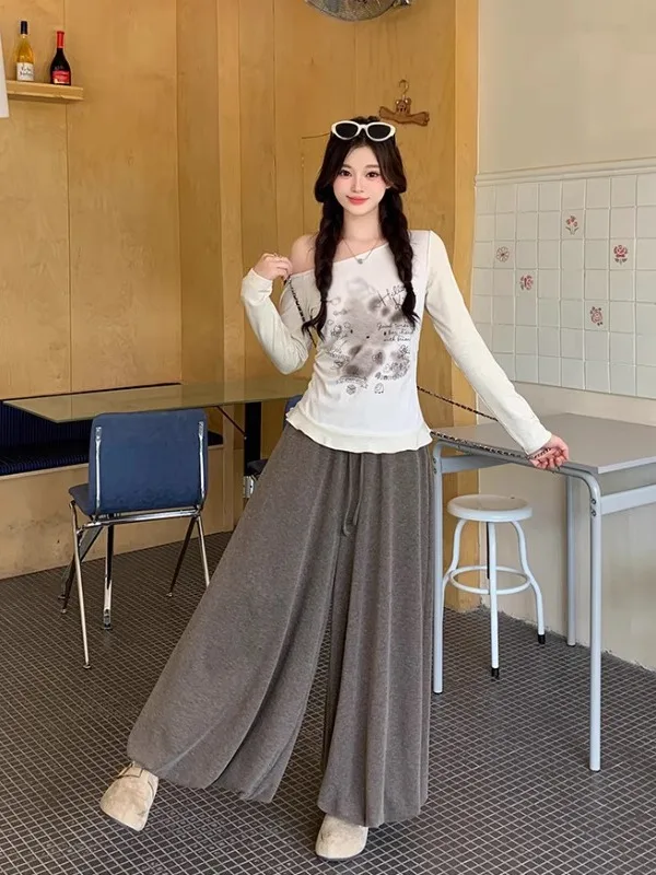 

plus Size Women's oulder-baring T-irt High Waist Bloom Wide Leg Pants Korean Sle Commute Long Sve Color Set