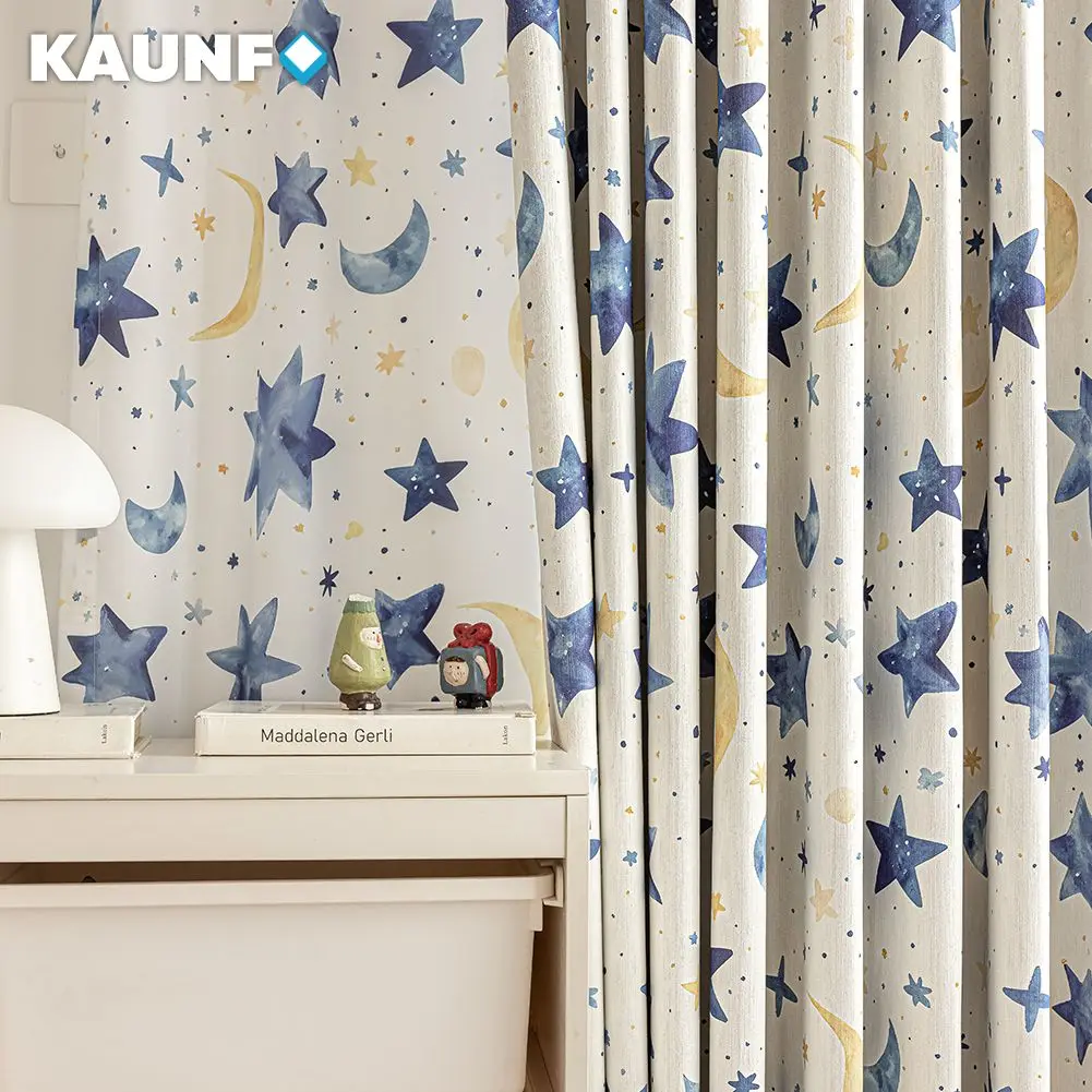 1PC Blue Stars & Moon Print Kids Curtain for Nursery Kids Bedroom Playroom Blackout Curtains Thermal Insulated Window Drapes