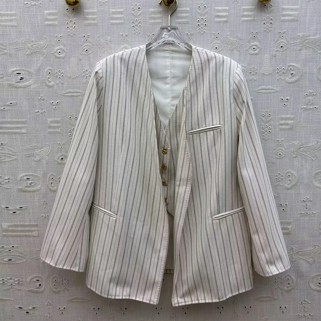 

High Quality Elegant Fashion Vintage Cotton Stripes Blazer Suit Women V-neck Long Sleeve Gold Buttons Casual Loose Jacket