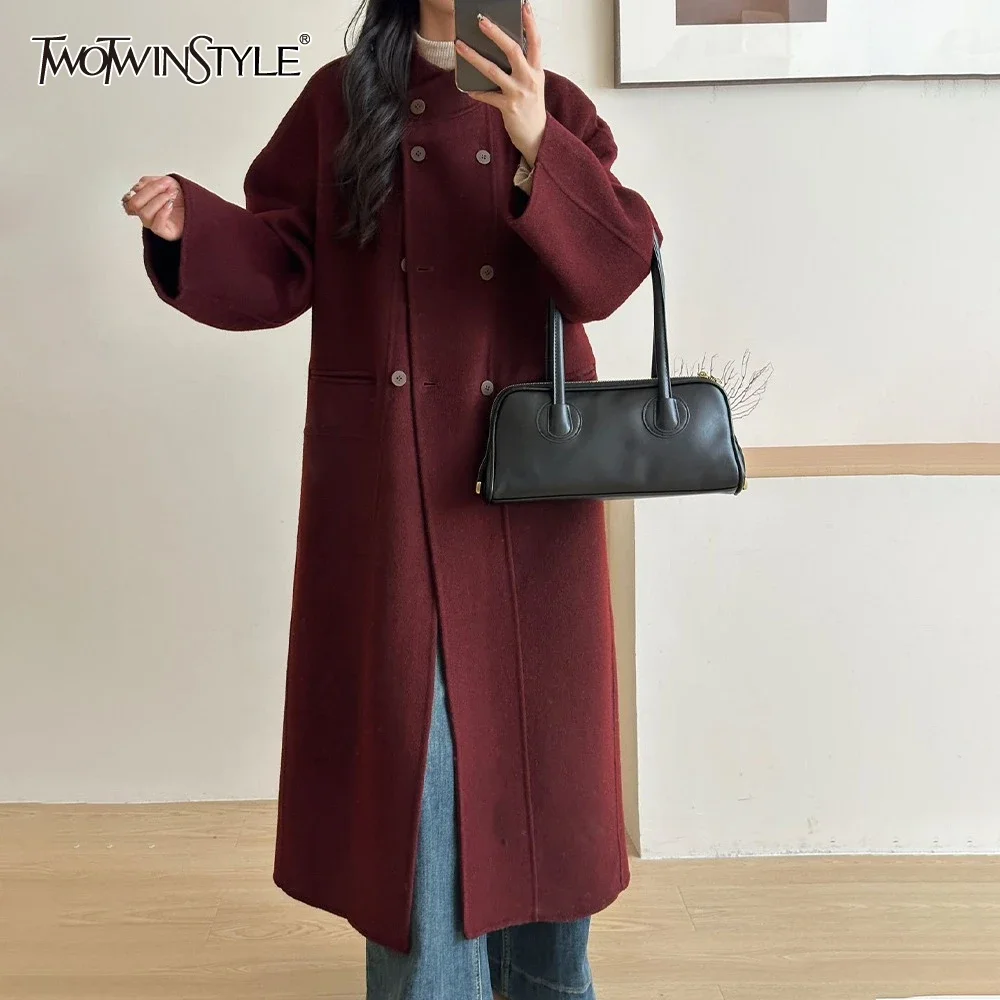 TWOTWINSTYLE Solid Spliced Button Loose Trench for Women Lapel Long Sleeve Temperament Patchwork Pockets Wool Caot Female