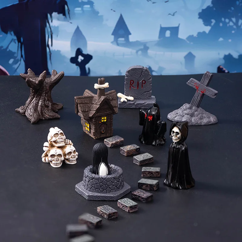 

Halloween Miniature Figurines for Crafts Resin Pumpkin Ghost Skeleton Tombstones Decorations for Halloween Village Accessories