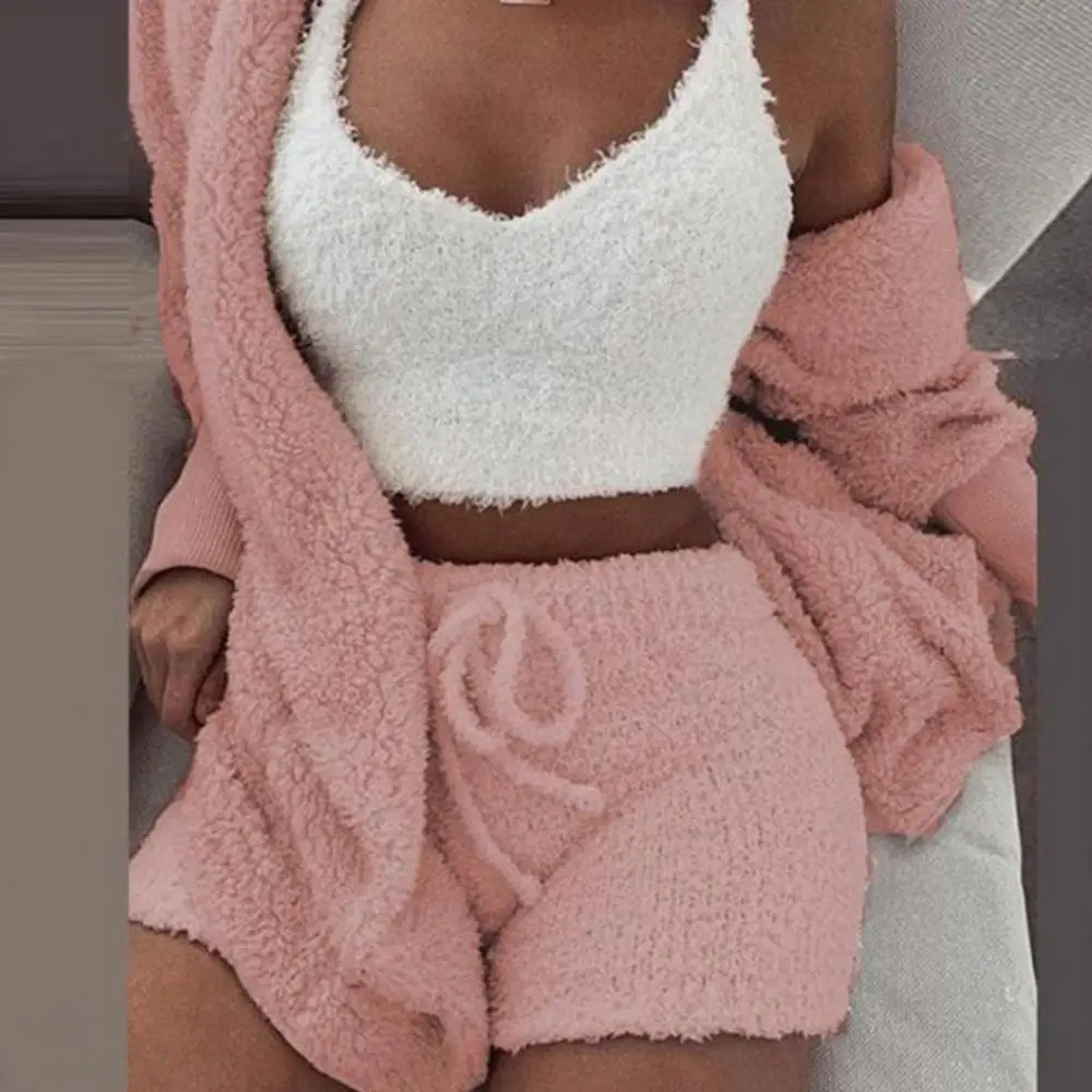 Fluffy Pajamas Set for Women Casual Sleepwear Tank Top and Shorts Size Hoodie Leisure Homsuit Winter 3 Pieces Pijamas