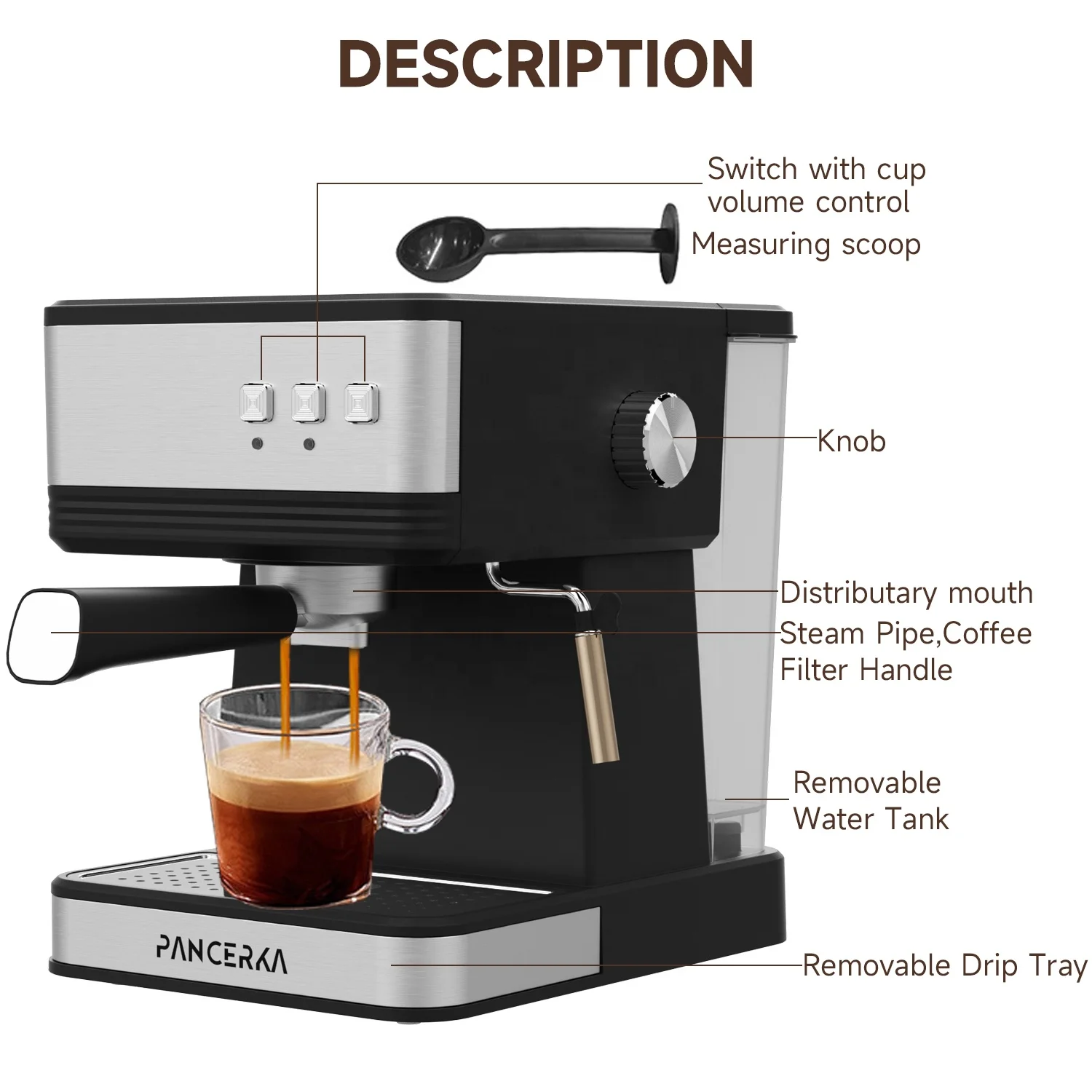 PANCERKA وصول جديد 2 في 1 منزلية ارتفاع ضغط 19 بار ماكينة اسبريسو معدنية ماكينة صنع القهوة التجارية مع رغوة الحليب