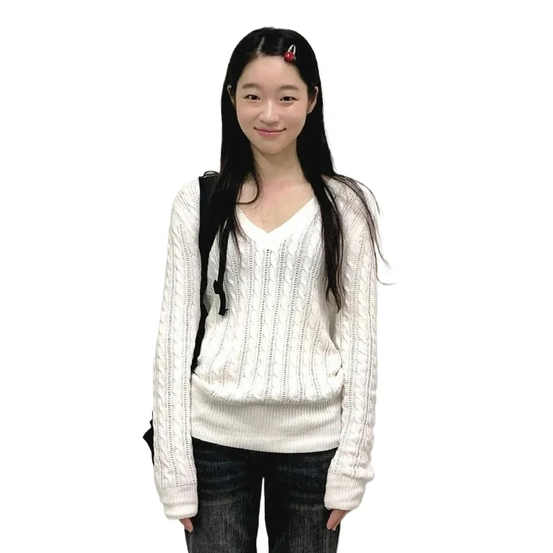 Deeptown Japanese V-neck White Sweaters Vintage Harajuku Y2k Knitted Pullover Korean Style 2000s Solid Casual Jumpers Aesthetics