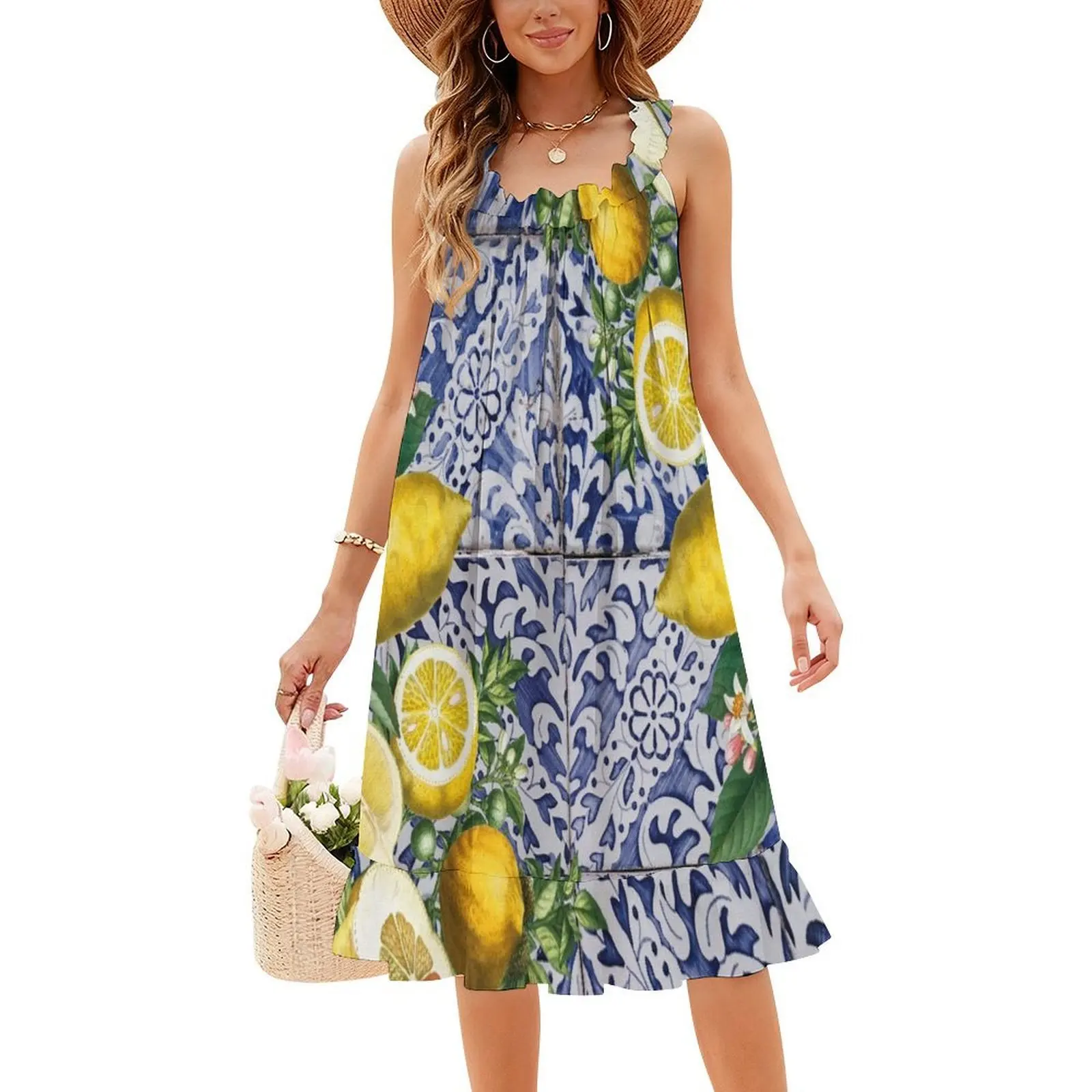 الليمون البحر الأبيض المتوسط الصيف البرتغالية البلاط خمر فستان بوهيمي نفخة الأكمام أو خيارات بلا أكمام لفستان المرأة #4