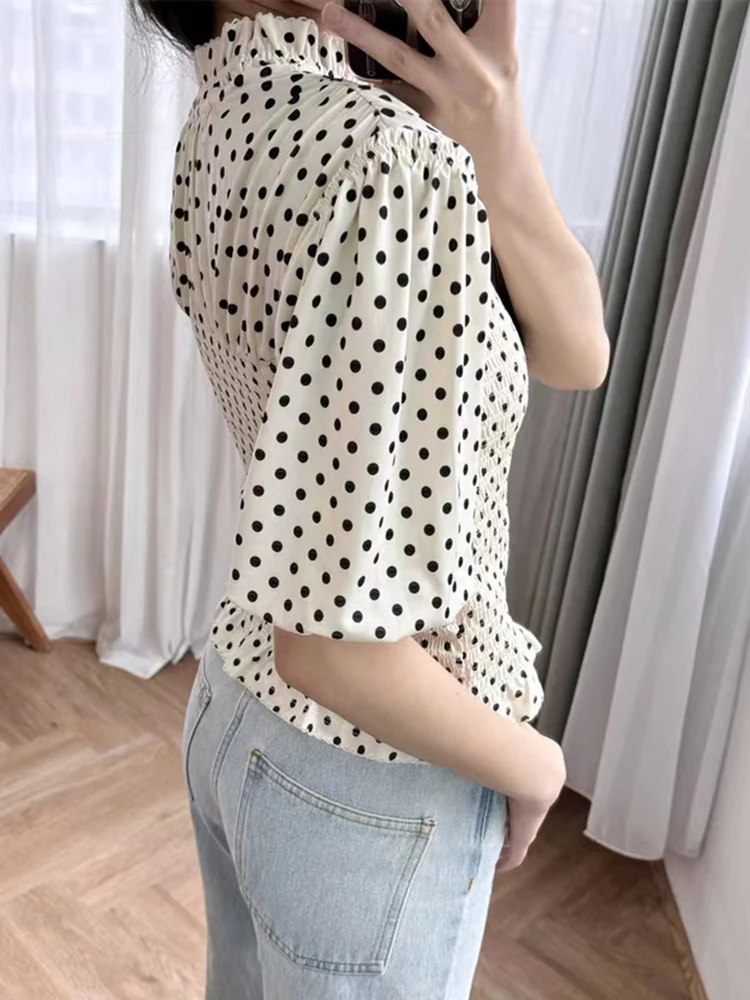 

Early Autumn New Fashion Polka Dot Printed Ruffle Collar Blouse Women Elastic Waist Pleated Puff Sleeve Short Shirt Tops Ladies