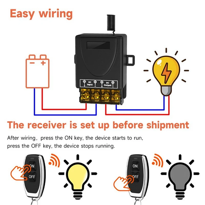 Wireless Remote Control Switch 433Mhz DC8-80V 30A RF Relay Receiver For Motorcycles Appliances Irrigation Systems