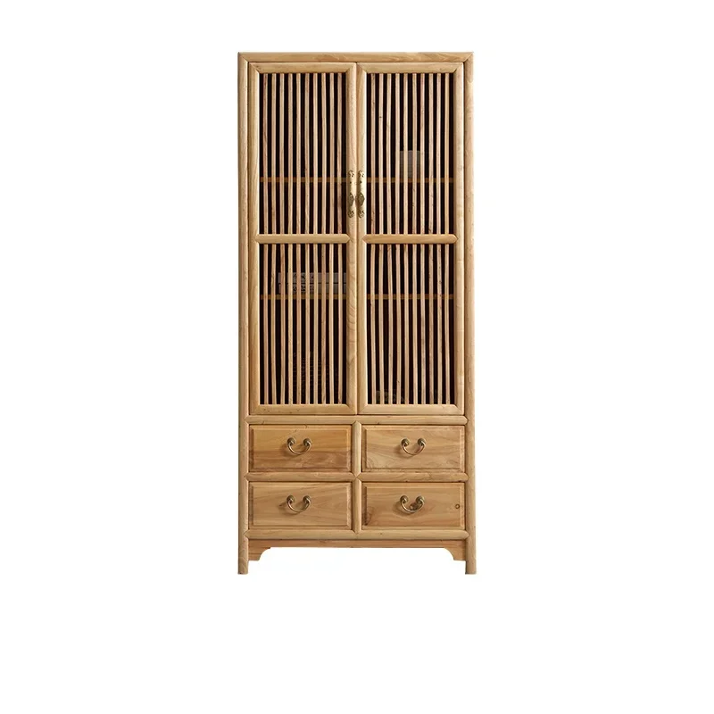 

1 New Chinese bookcase Old elm bookshelf display stand Paint-free log color tea Double door simple tea cabinet