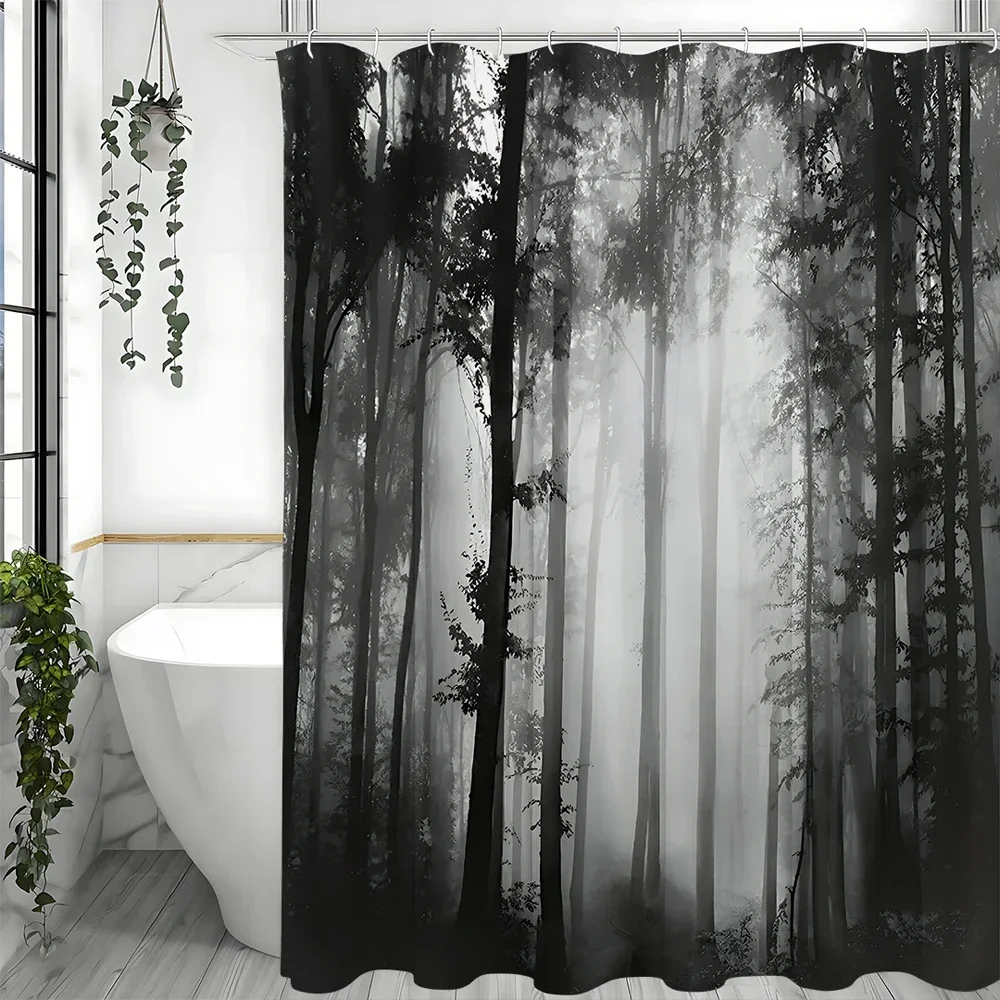 Black Tree Shower Curtain, Black Misty Forest Bathroom Decorative Shower Curtain, Waterproof Shower Curtain with Hooks