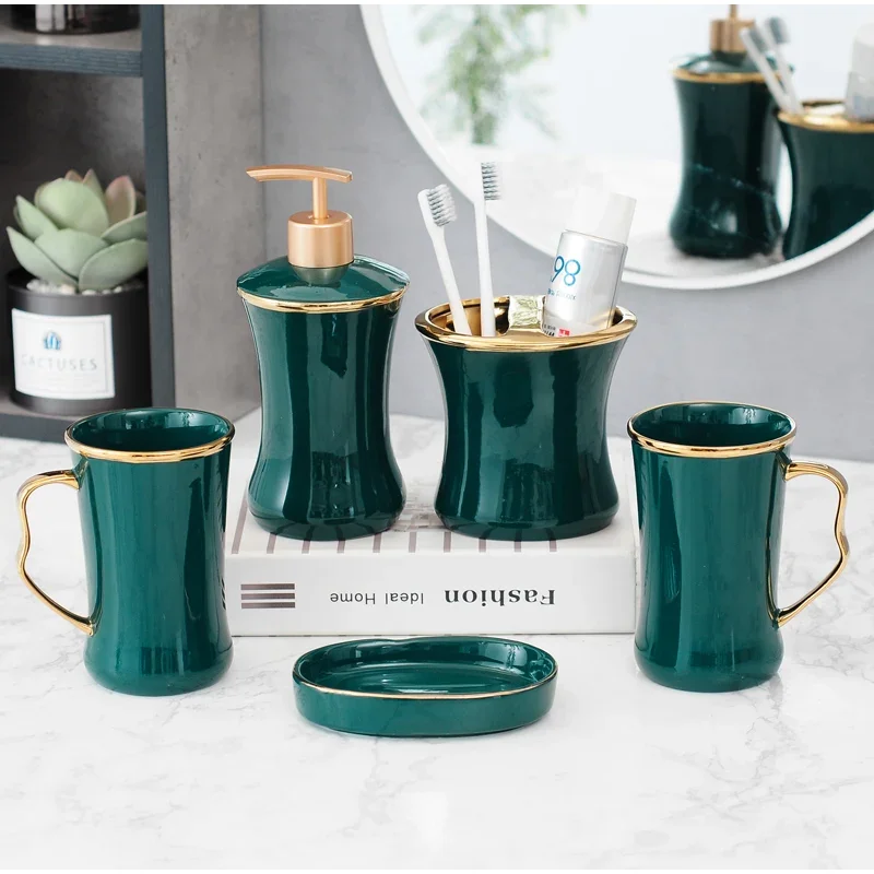 Green Bathroom Wash Kit Ceramics Mouth Cup Set Soap Dispenser Five Piece Northern Europe Home Couple Supplies