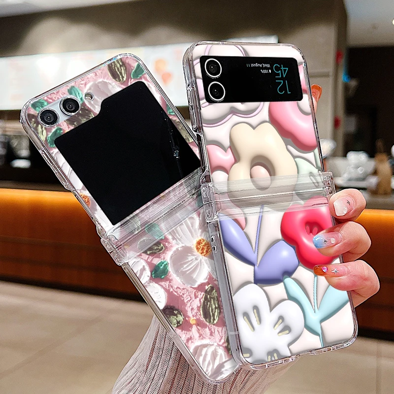 Oil Painting Flower Clear Case For Samsung Galaxy Z Flip 6 5 4 3 5G Folding Hard Phone Cover For Samsung Z Flip5 Flip4 Flip3