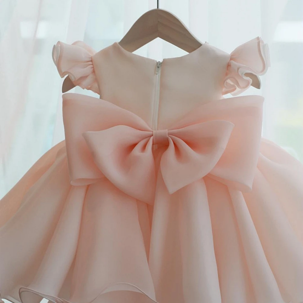 Pink Puffy Tulle Bow Princess Gown For Kids Birthday Party Shiny Pearls Mini Wedding Flower Girls Dresses Prom Wear Customized